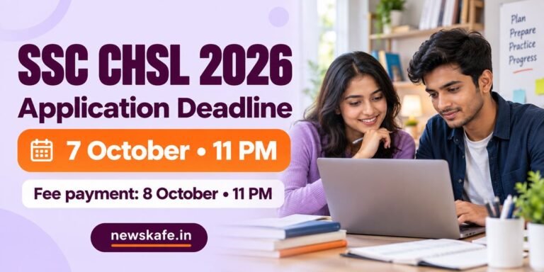 SSC CHSL 2026 recruitment banner showing application and fee deadlines with illustrated applicants