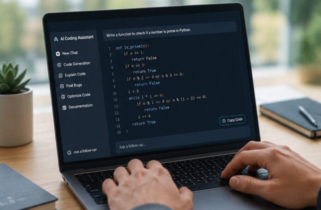 Developer reviewing AI-generated code on a laptop in a modern news Kafe