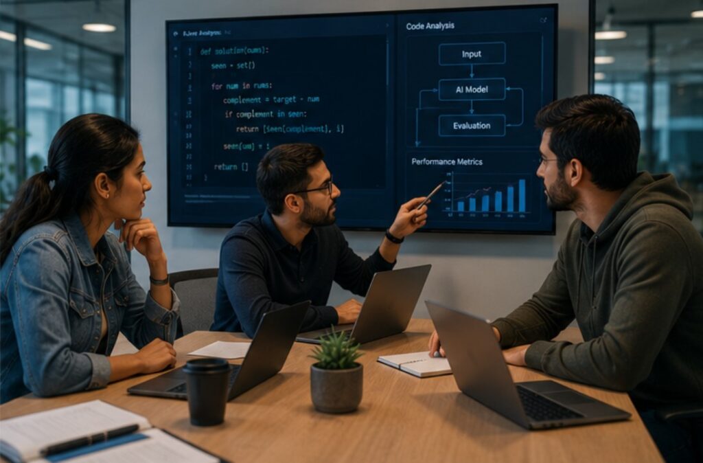 Software engineers discussing AI coding performance in a collaborative office.