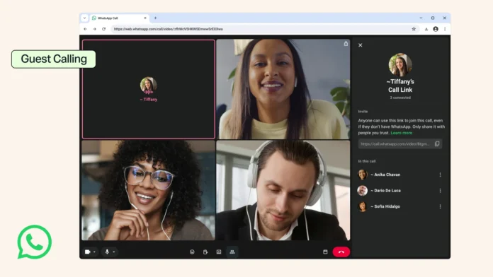 WhatsApp official guest calling announcement showing a browser call