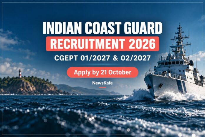 Indian Coast Guard recruitment 2026 banner with patrol ship and 21 October application deadline